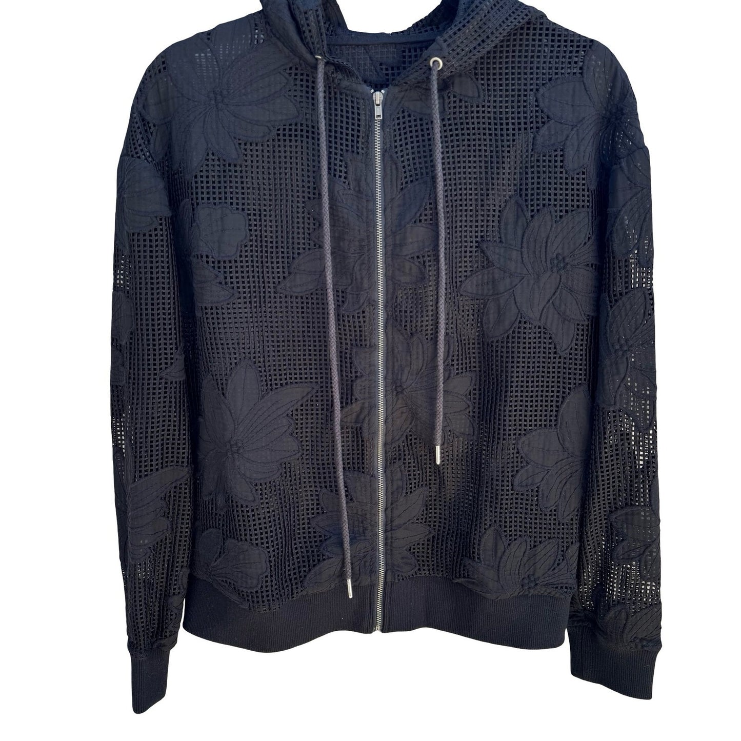 Gothic Dark Floral Mesh Embroidered Hoodie Sheer Lace Grid Jacket Edgy Romantic