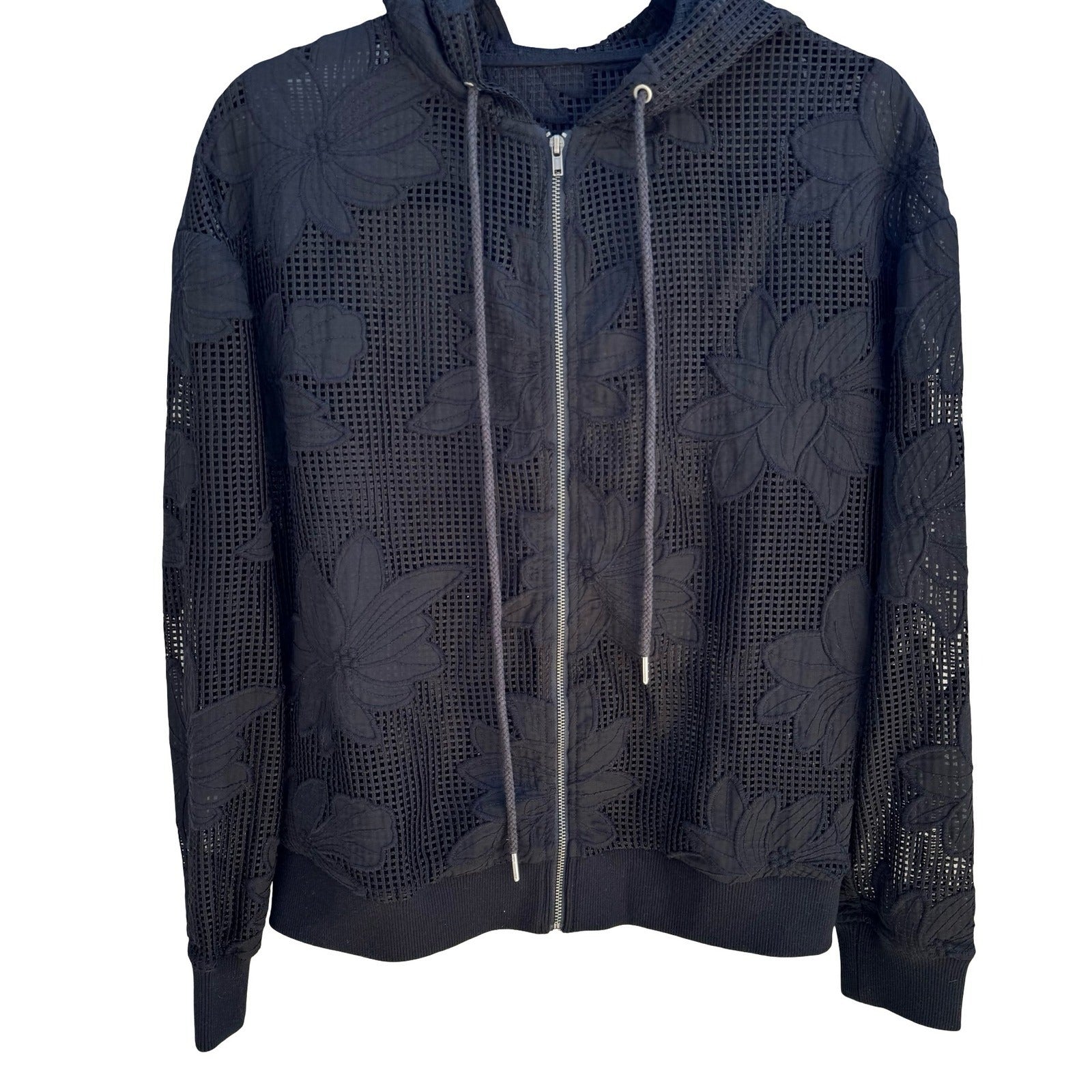 Gothic Dark Floral Mesh Embroidered Hoodie Sheer Lace Grid Jacket Edgy Romantic