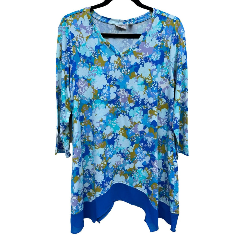 LOGO Lori Goldstein Kennedy Tunic Boho Flowy Garden Floral Sharkbite Hem M NEW