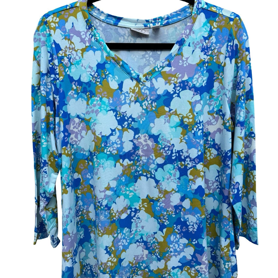 LOGO Lori Goldstein Kennedy Tunic Boho Flowy Garden Floral Sharkbite Hem M NEW