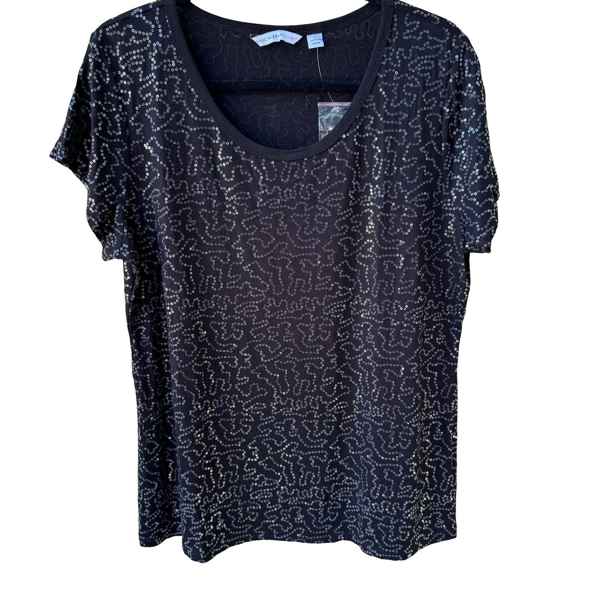 Isaac Mizrahi Glam Party Shimmer Sequin Swirl Glam Scoop Neck Top Black L NWOT