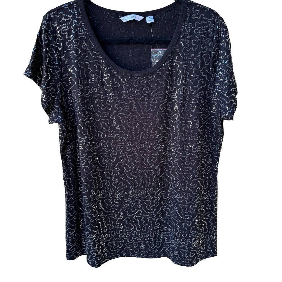 Isaac Mizrahi Glam Party Shimmer Sequin Swirl Glam Scoop Neck Top Black L NWOT