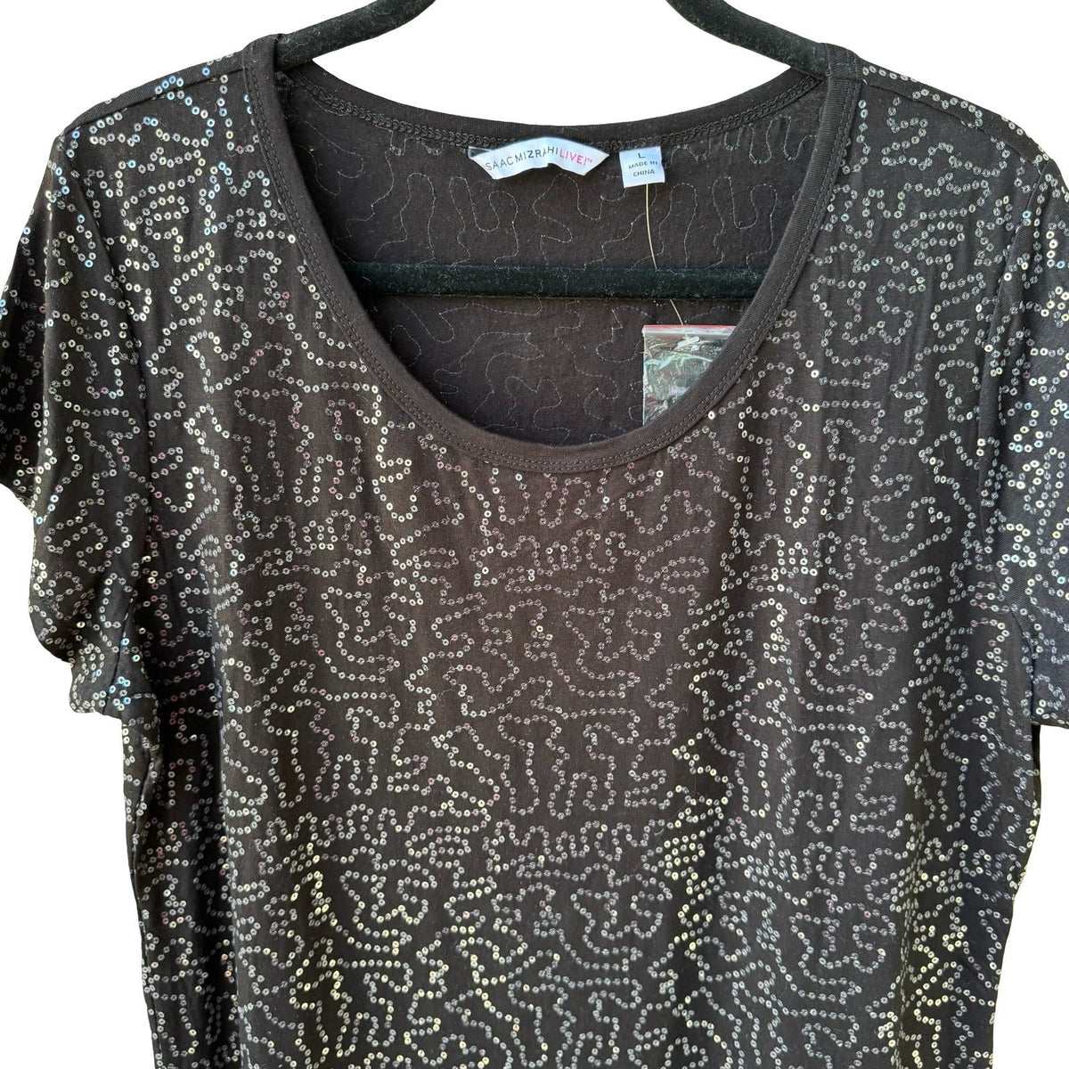 Isaac Mizrahi Glam Party Shimmer Sequin Swirl Glam Scoop Neck Top Black L NWOT