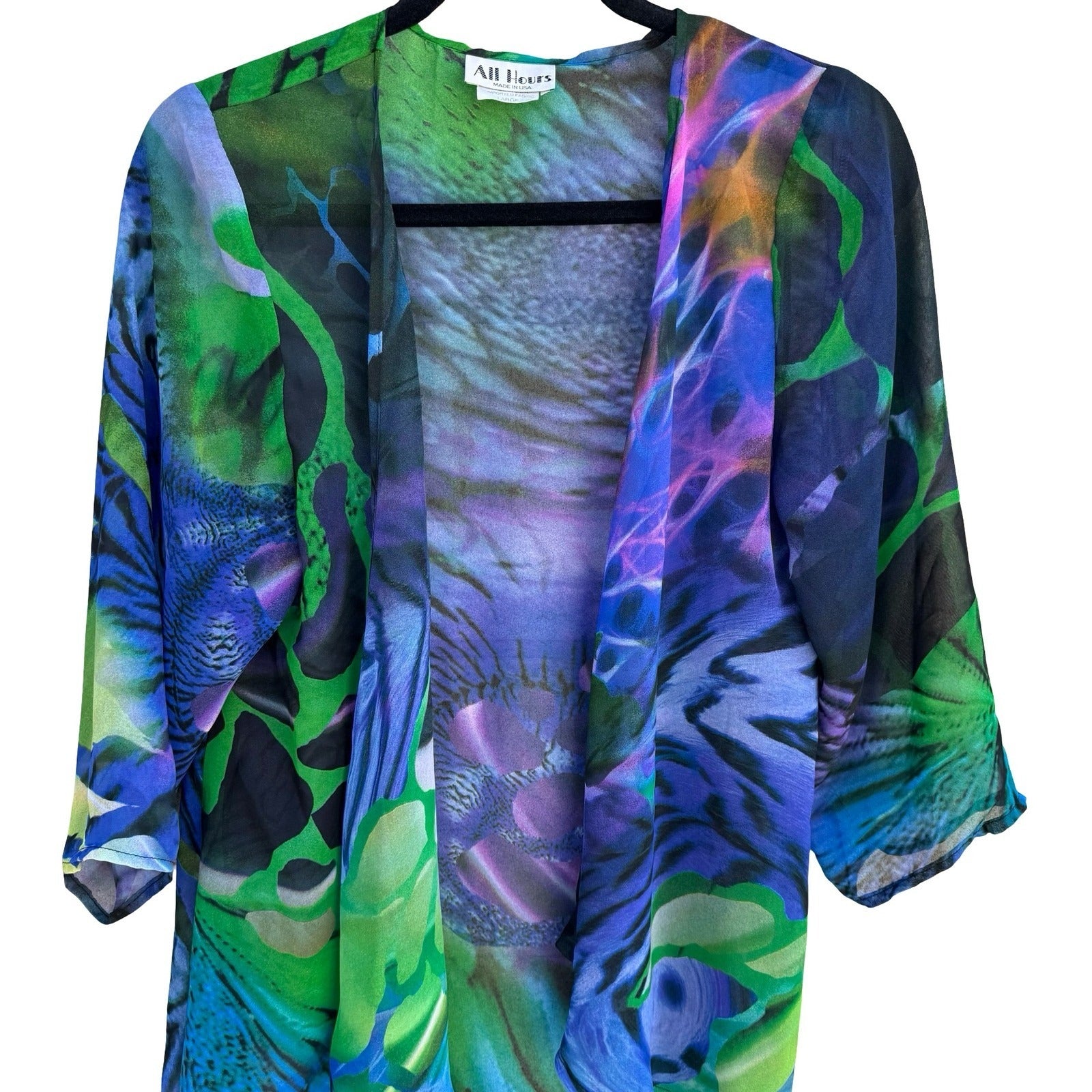 All Hours Watercolor Art Blue Abstract Butterfly Sheer Kimono Cardigan Womens L