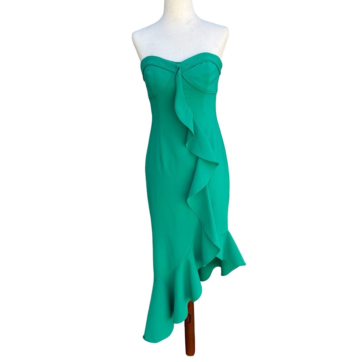 Liv Foster Emerald Green Strapless Ruffle Asymmetric Formal Midi Dress 4 Mermaid