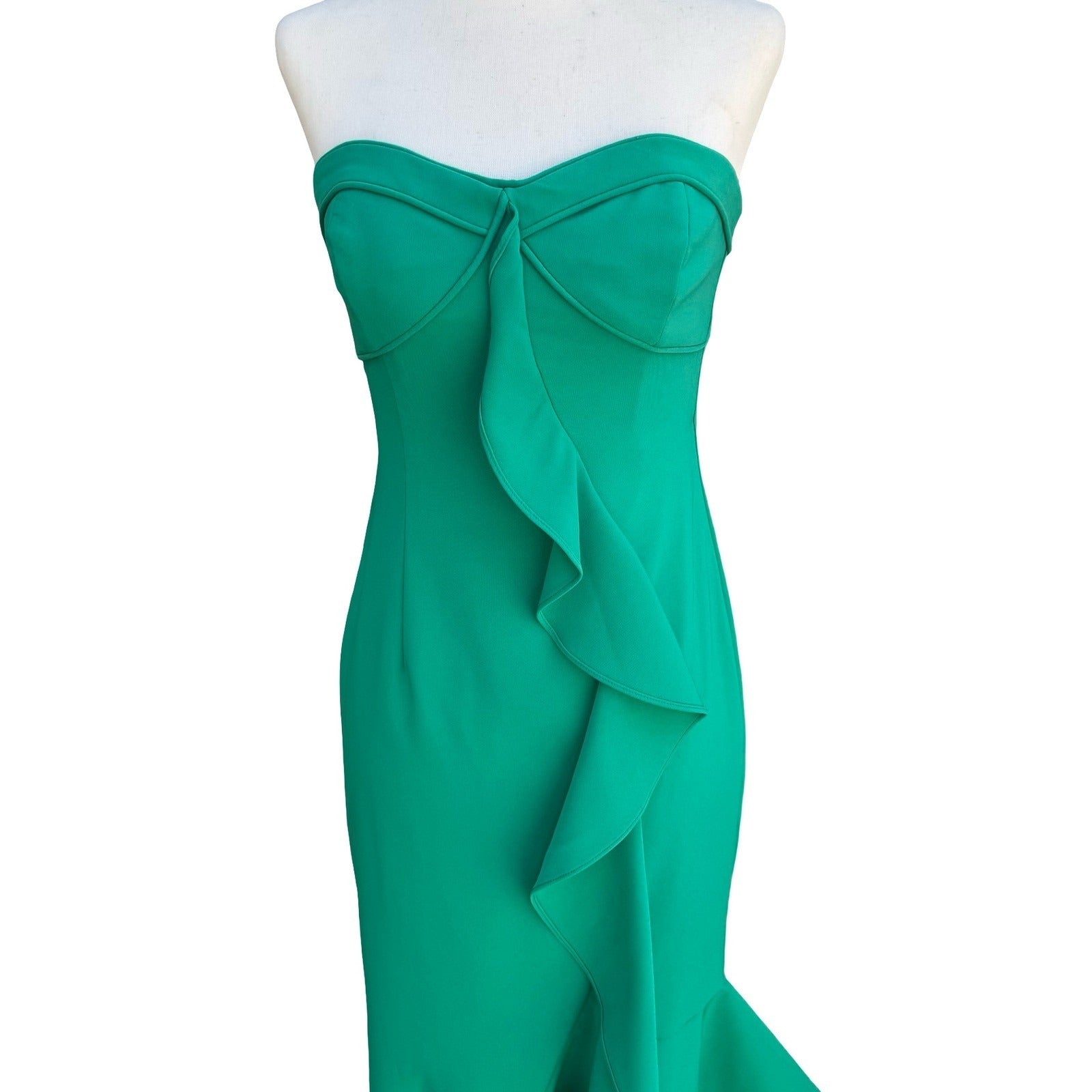 Liv Foster Emerald Green Strapless Ruffle Asymmetric Formal Midi Dress 4 Mermaid