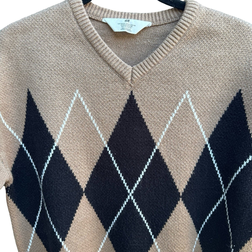 HM Argyle Schoolgirl Indie Collegiate V-Neck Preppy Dark Academia Knit Sweater M