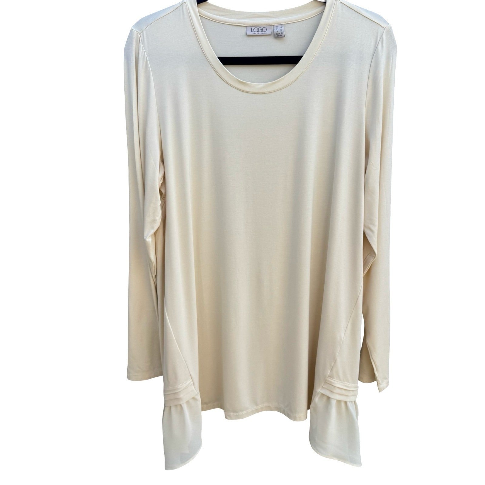 LOGO Lori Goldstein Butter Yellow Boho Flowy Ruffle Sharkbite Tunic Top L NEW