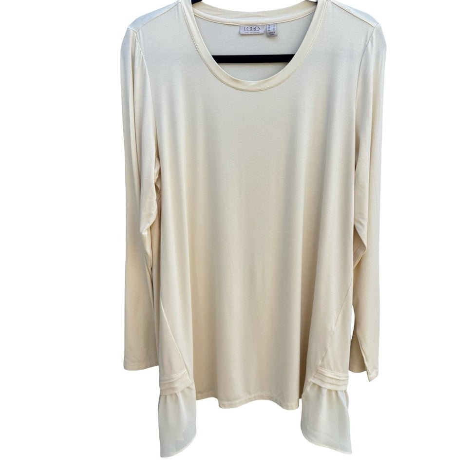 LOGO Lori Goldstein Butter Yellow Boho Flowy Ruffle Sharkbite Tunic Top L NEW
