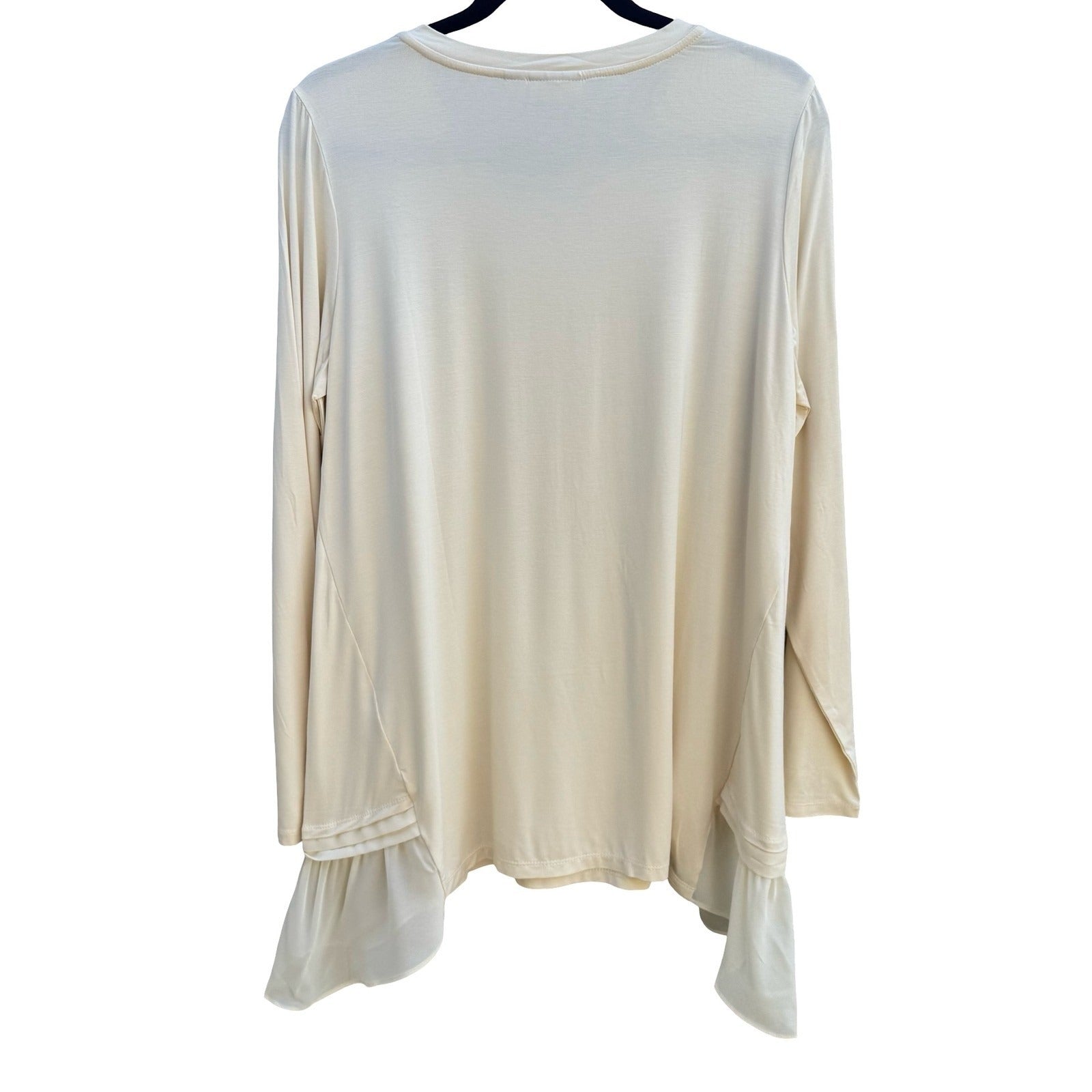 LOGO Lori Goldstein Butter Yellow Boho Flowy Ruffle Sharkbite Tunic Top L NEW
