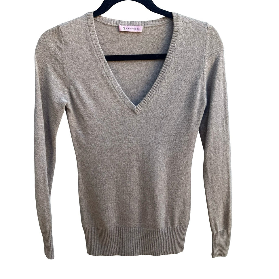 Qi Cashmere Quiet Luxury Minimalist Preppy Softcore Knit Pullover Sweater Tan XXS