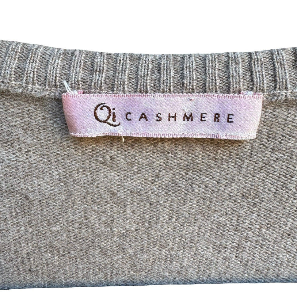 Qi Cashmere Quiet Luxury Minimalist Preppy Softcore Knit Pullover Sweater Tan XXS