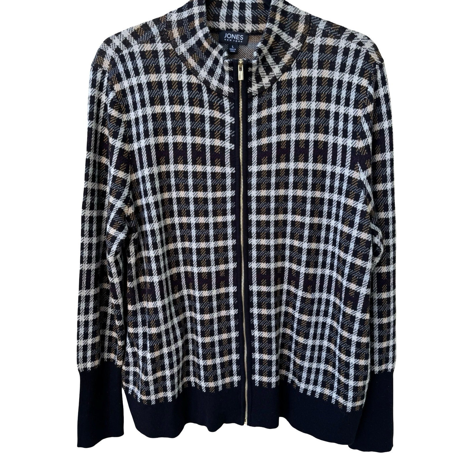 Jones New York Preppy Check Plaid Knit Old Money Cardigan Sweater Black Womens L