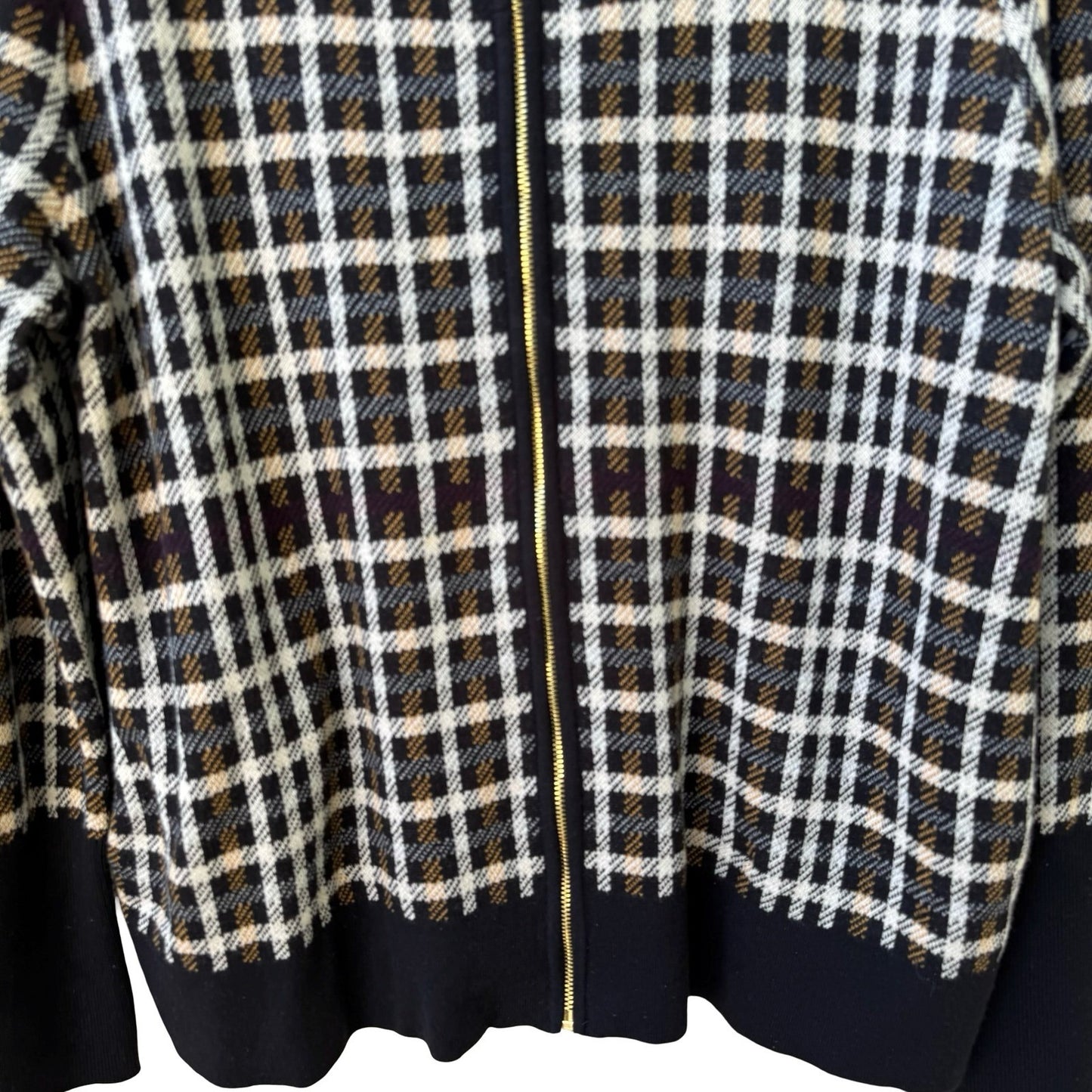 Jones New York Preppy Check Plaid Knit Old Money Cardigan Sweater Black Womens L