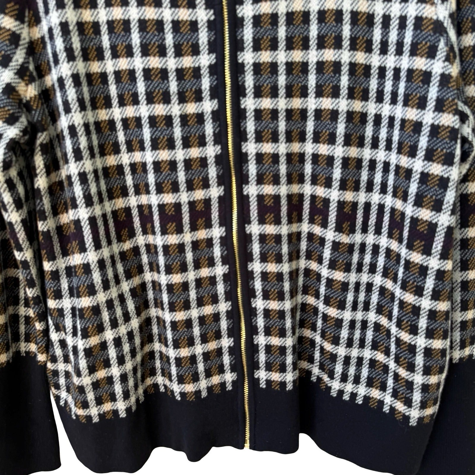 Jones New York Preppy Check Plaid Knit Old Money Cardigan Sweater Black Womens L
