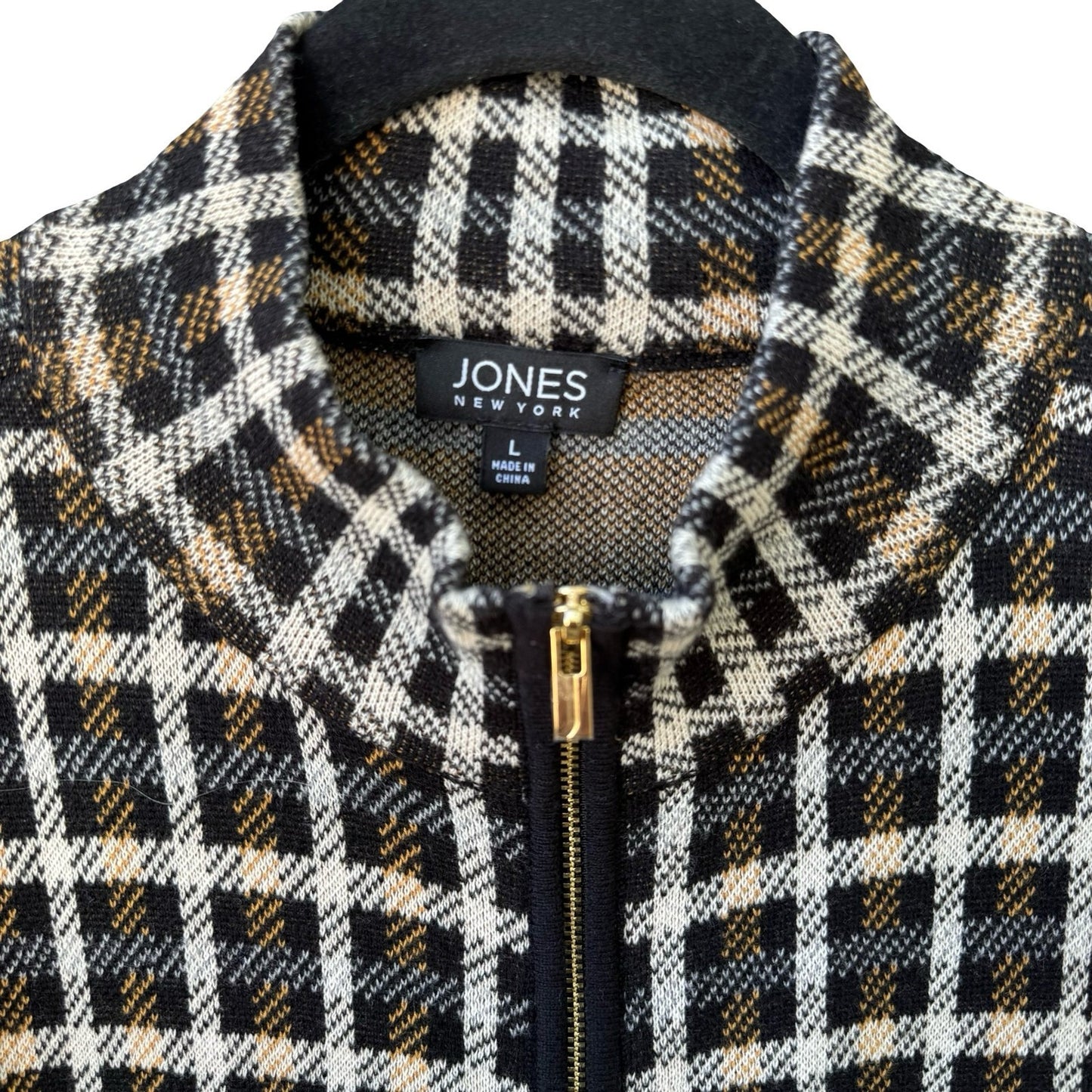 Jones New York Preppy Check Plaid Knit Old Money Cardigan Sweater Black Womens L