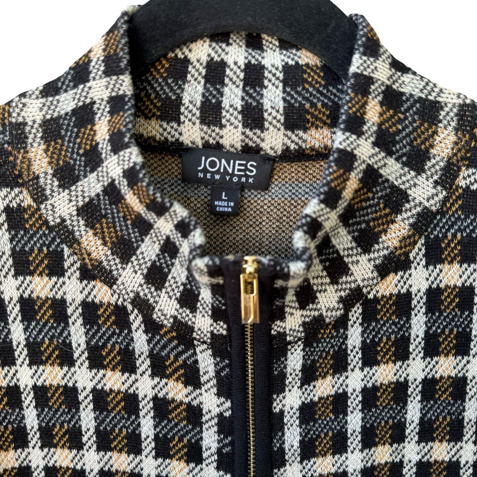 Jones New York Preppy Check Plaid Knit Old Money Cardigan Sweater Black Womens L