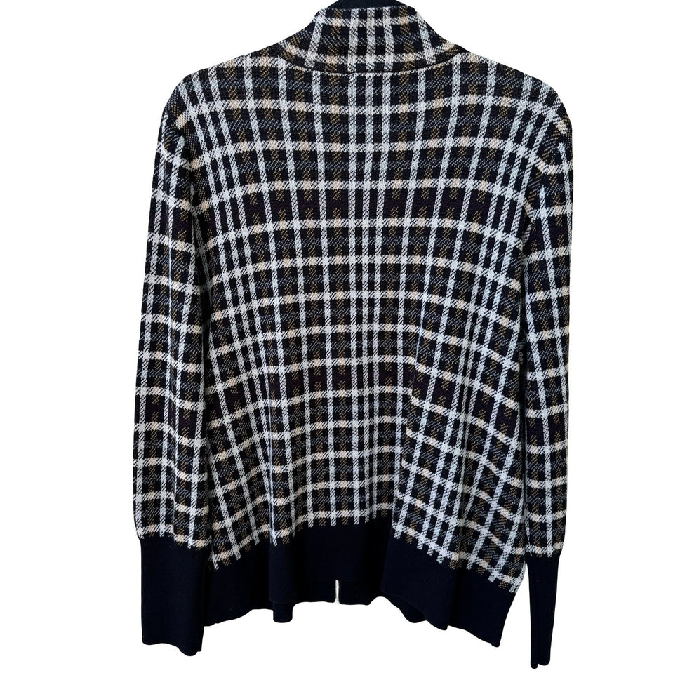 Jones New York Preppy Check Plaid Knit Old Money Cardigan Sweater Black Womens L