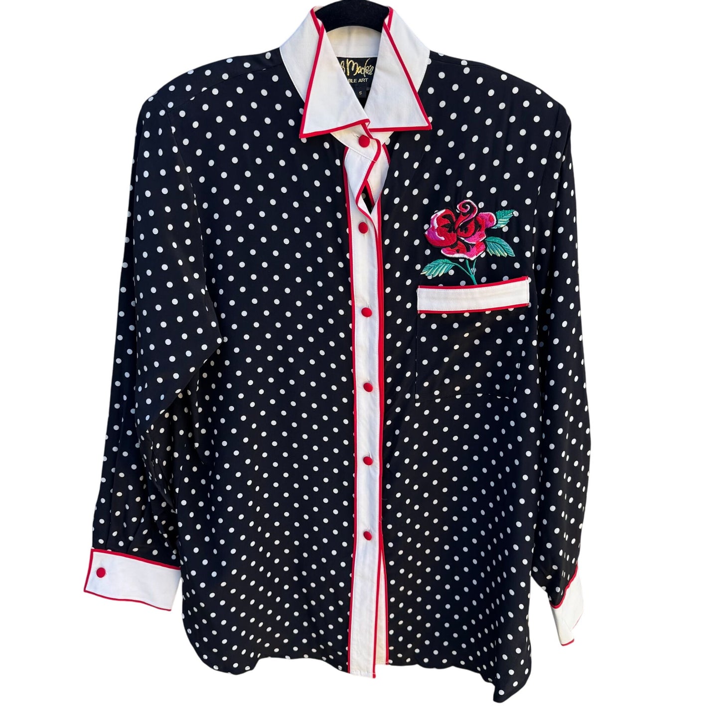 Bob Mackie Wearable Art Silk Black White Polka Dot Rose Embroidered Blouse New S