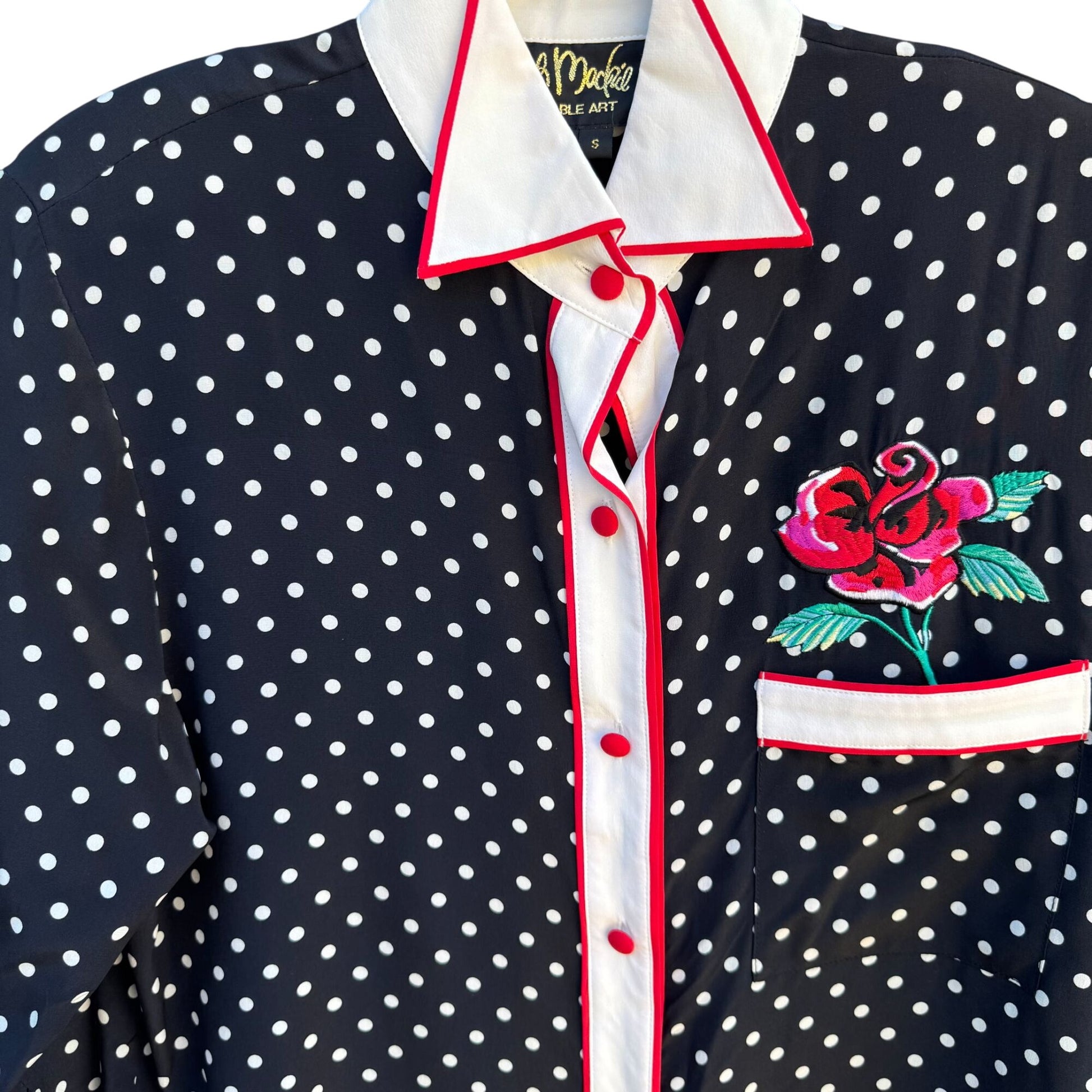 Bob Mackie Wearable Art Silk Black White Polka Dot Rose Embroidered Blouse New S