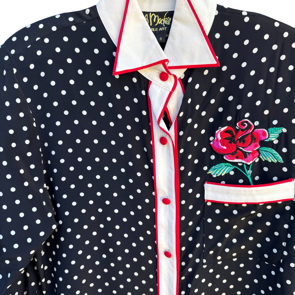Bob Mackie Wearable Art Silk Black White Polka Dot Rose Embroidered Blouse New S