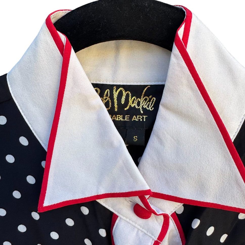 Bob Mackie Wearable Art Silk Black White Polka Dot Rose Embroidered Blouse New S