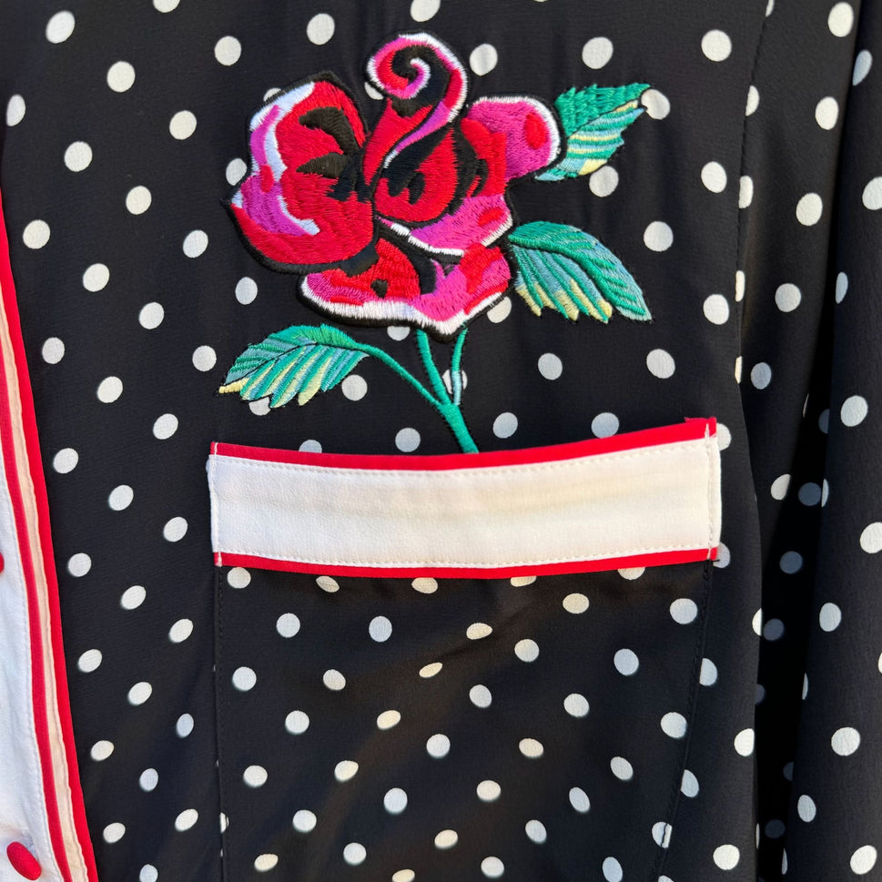 Bob Mackie Wearable Art Silk Black White Polka Dot Rose Embroidered Blouse New S