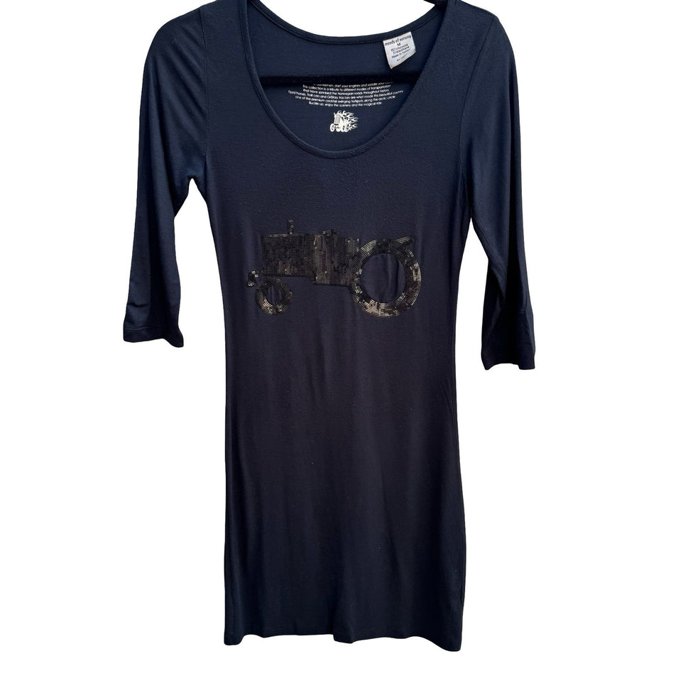 Moods of Norway Quirky Sequin Tractor Farm Tunic Mini Dress 3/4 Sleeve Kitschy M