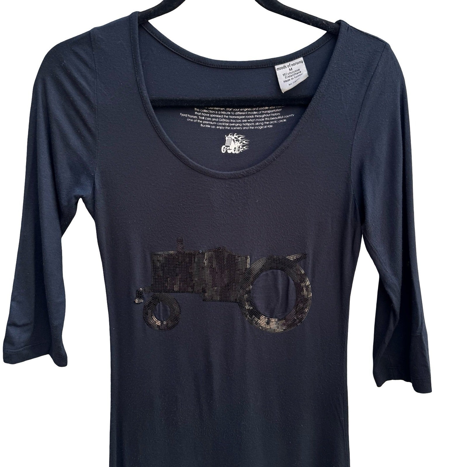 Moods of Norway Quirky Sequin Tractor Farm Tunic Mini Dress 3/4 Sleeve Kitschy M