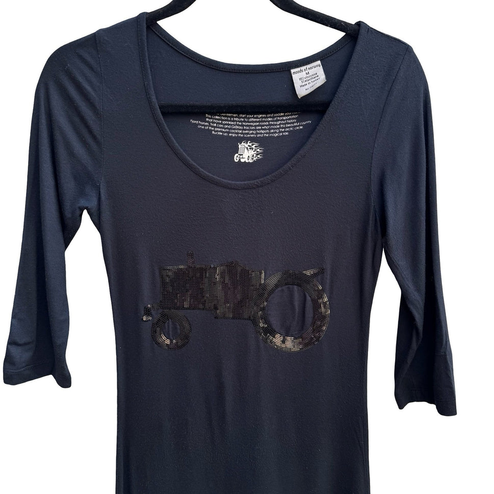 Moods of Norway Quirky Sequin Tractor Farm Tunic Mini Dress 3/4 Sleeve Kitschy M