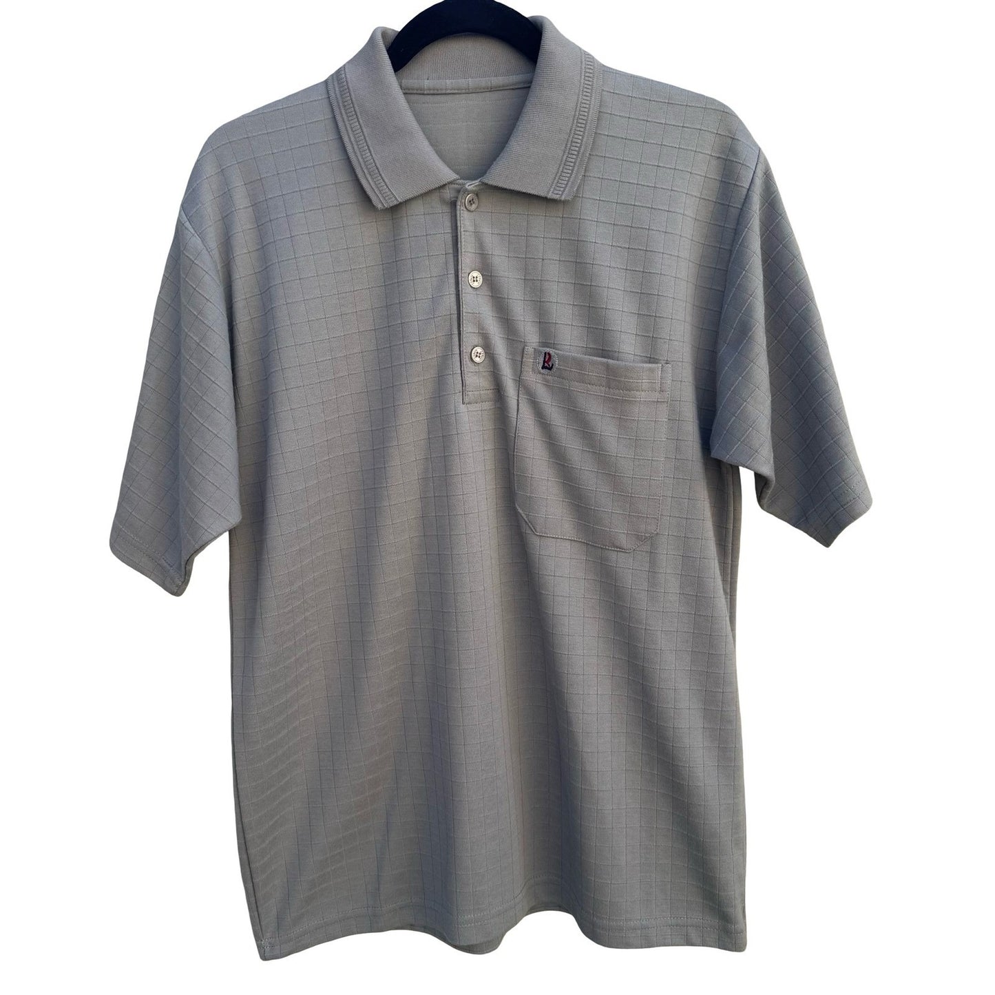 Libero Mens Short Sleeve Polo Shirt Gray Grid Pattern Chest Pocket Size Large