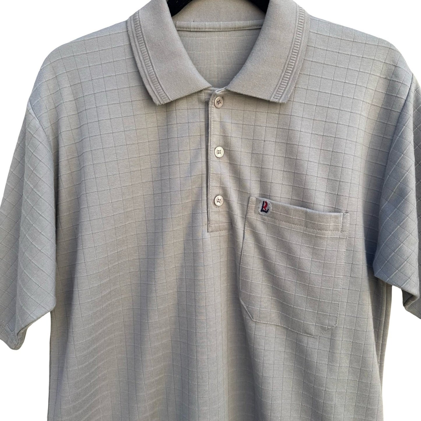 Libero Mens Short Sleeve Polo Shirt Gray Grid Pattern Chest Pocket Size Large