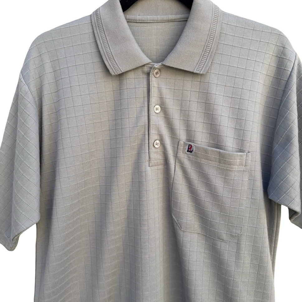 Libero Mens Short Sleeve Polo Shirt Gray Grid Pattern Chest Pocket Size Large