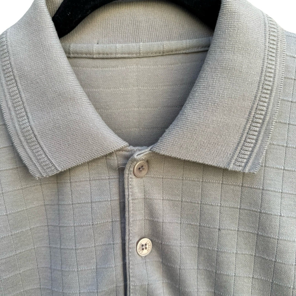Libero Mens Short Sleeve Polo Shirt Gray Grid Pattern Chest Pocket Size Large
