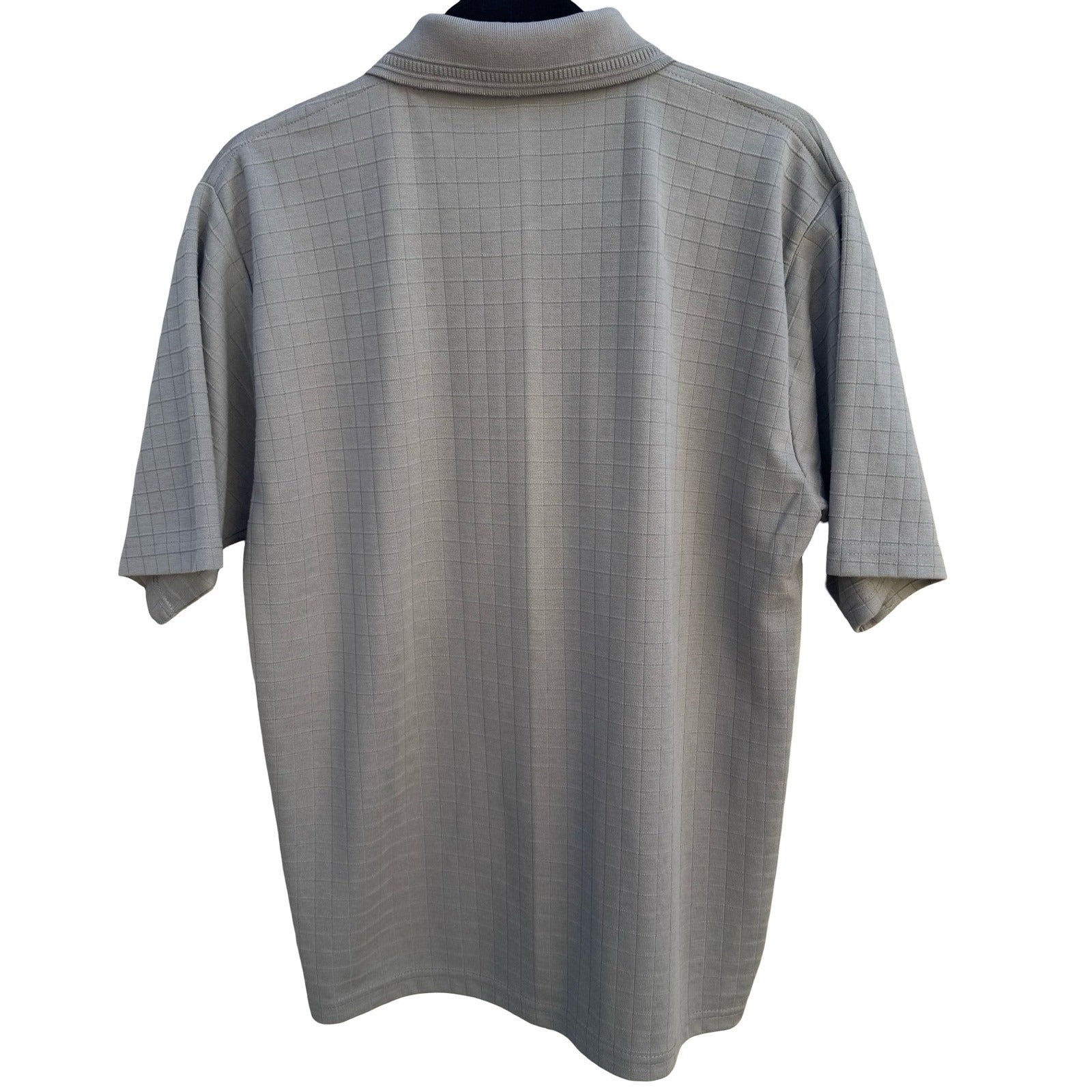 Libero Mens Short Sleeve Polo Shirt Gray Grid Pattern Chest Pocket Size Large