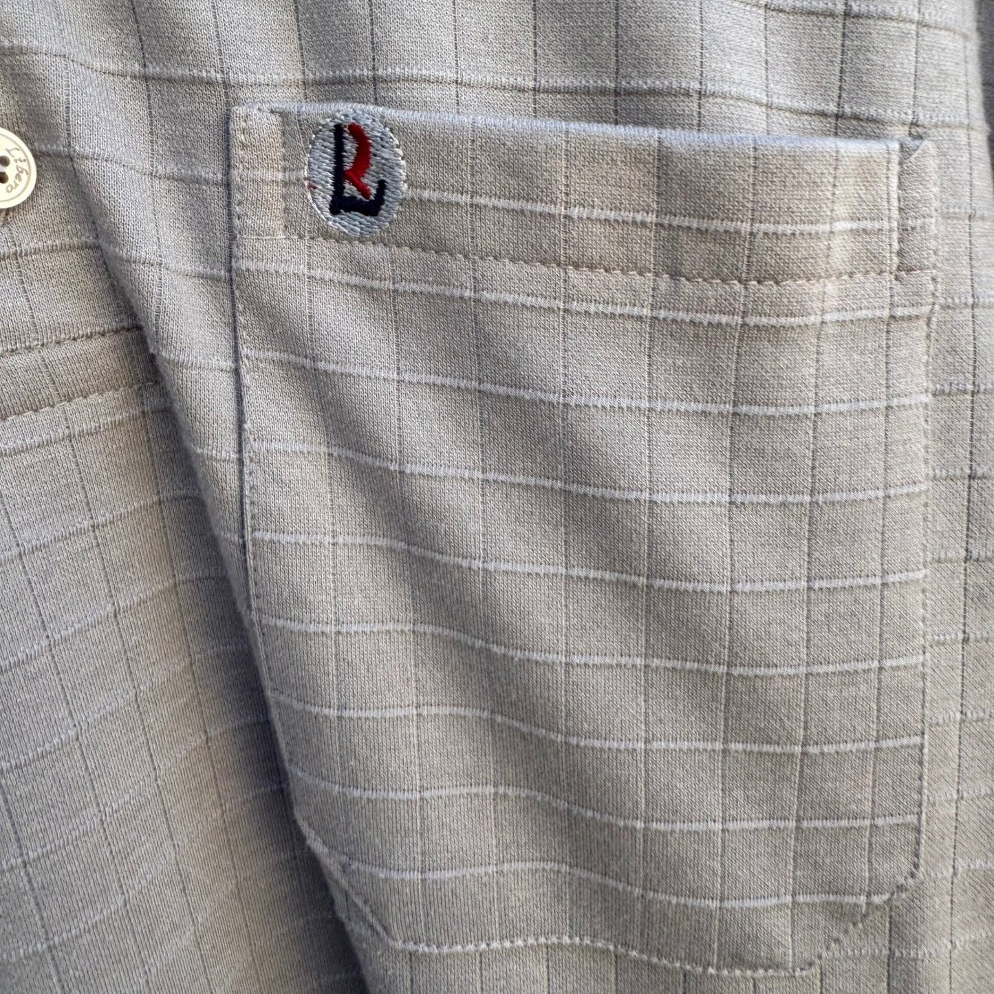 Libero Mens Short Sleeve Polo Shirt Gray Grid Pattern Chest Pocket Size Large