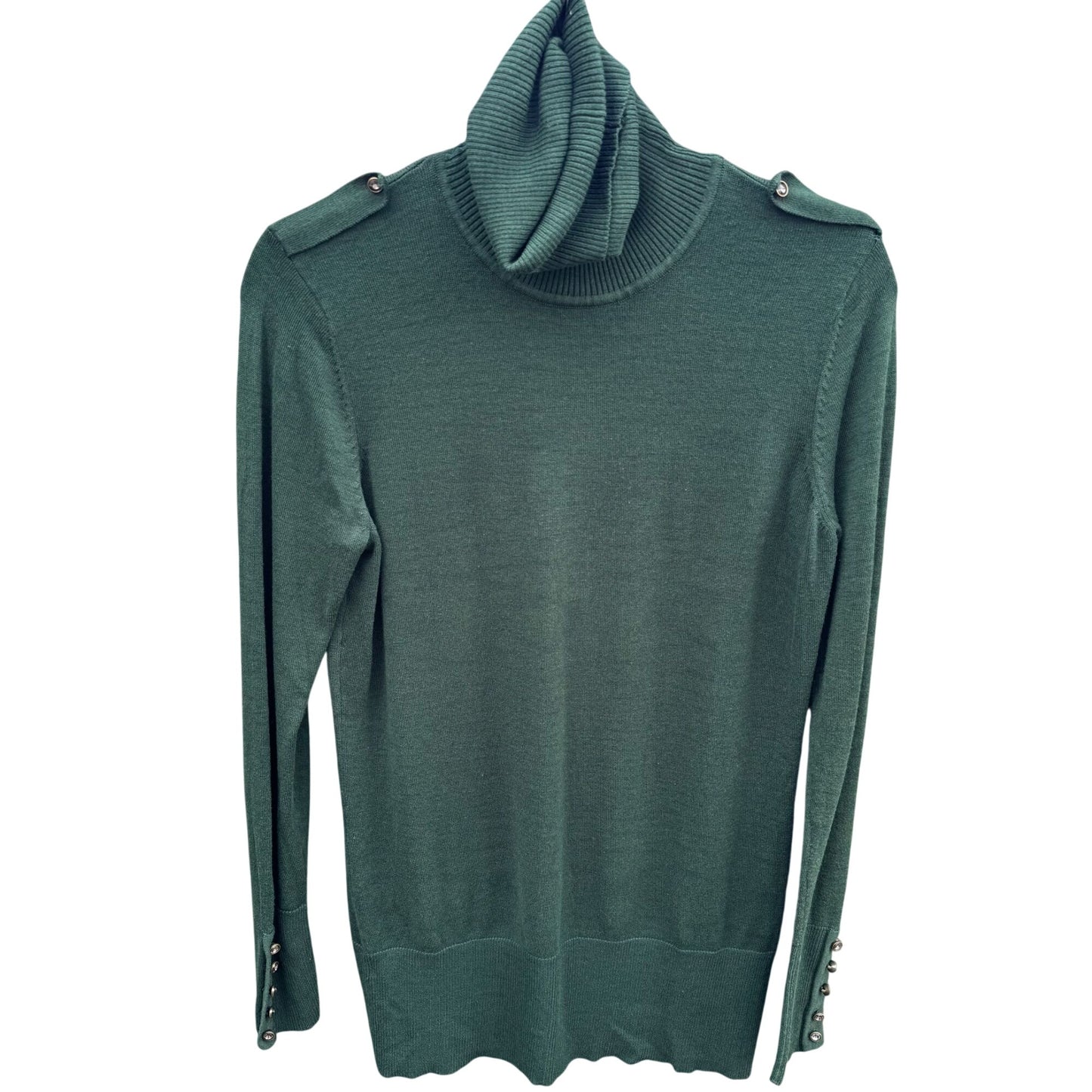 Diane Gilman Green DG2 Long Sleeve Knit Cowl Neck Sweater Button Sleeve Epaulets