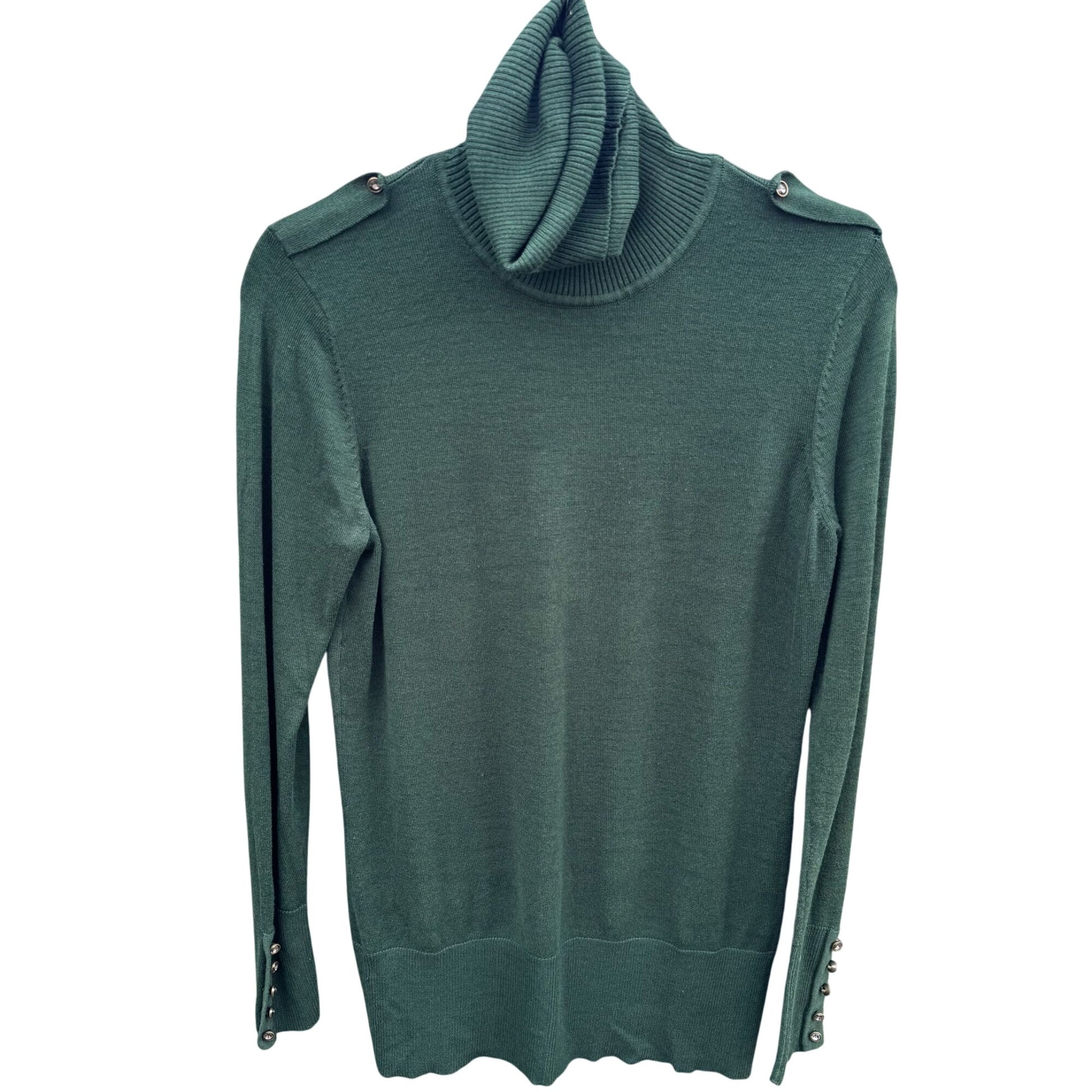 Diane Gilman Green DG2 Long Sleeve Knit Cowl Neck Sweater Button Sleeve Epaulets