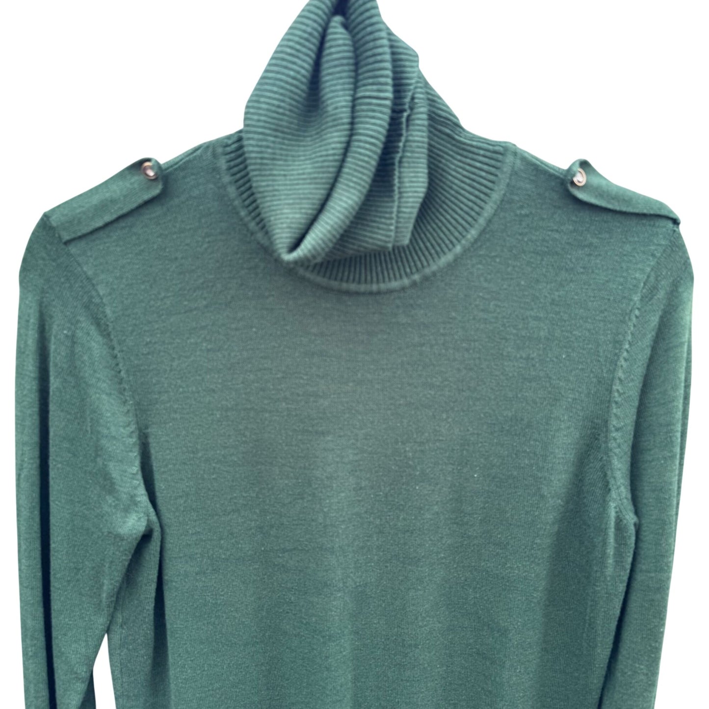 Diane Gilman Green DG2 Long Sleeve Knit Cowl Neck Sweater Button Sleeve Epaulets