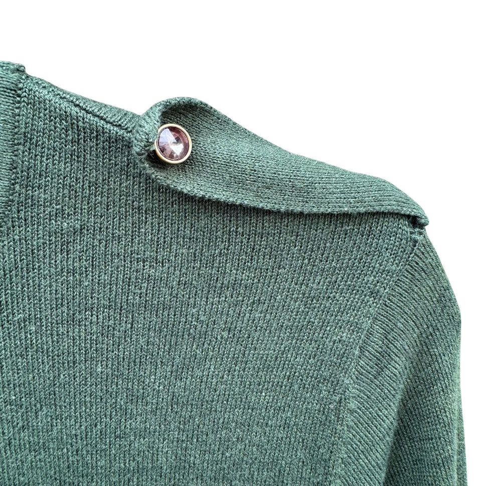Diane Gilman Green DG2 Long Sleeve Knit Cowl Neck Sweater Button Sleeve Epaulets