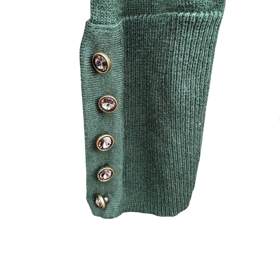 Diane Gilman Green DG2 Long Sleeve Knit Cowl Neck Sweater Button Sleeve Epaulets