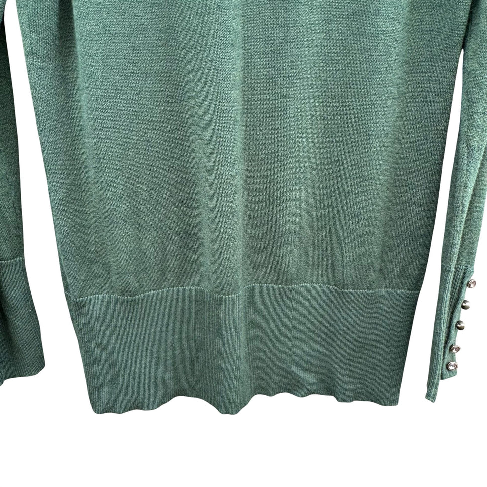 Diane Gilman Green DG2 Long Sleeve Knit Cowl Neck Sweater Button Sleeve Epaulets