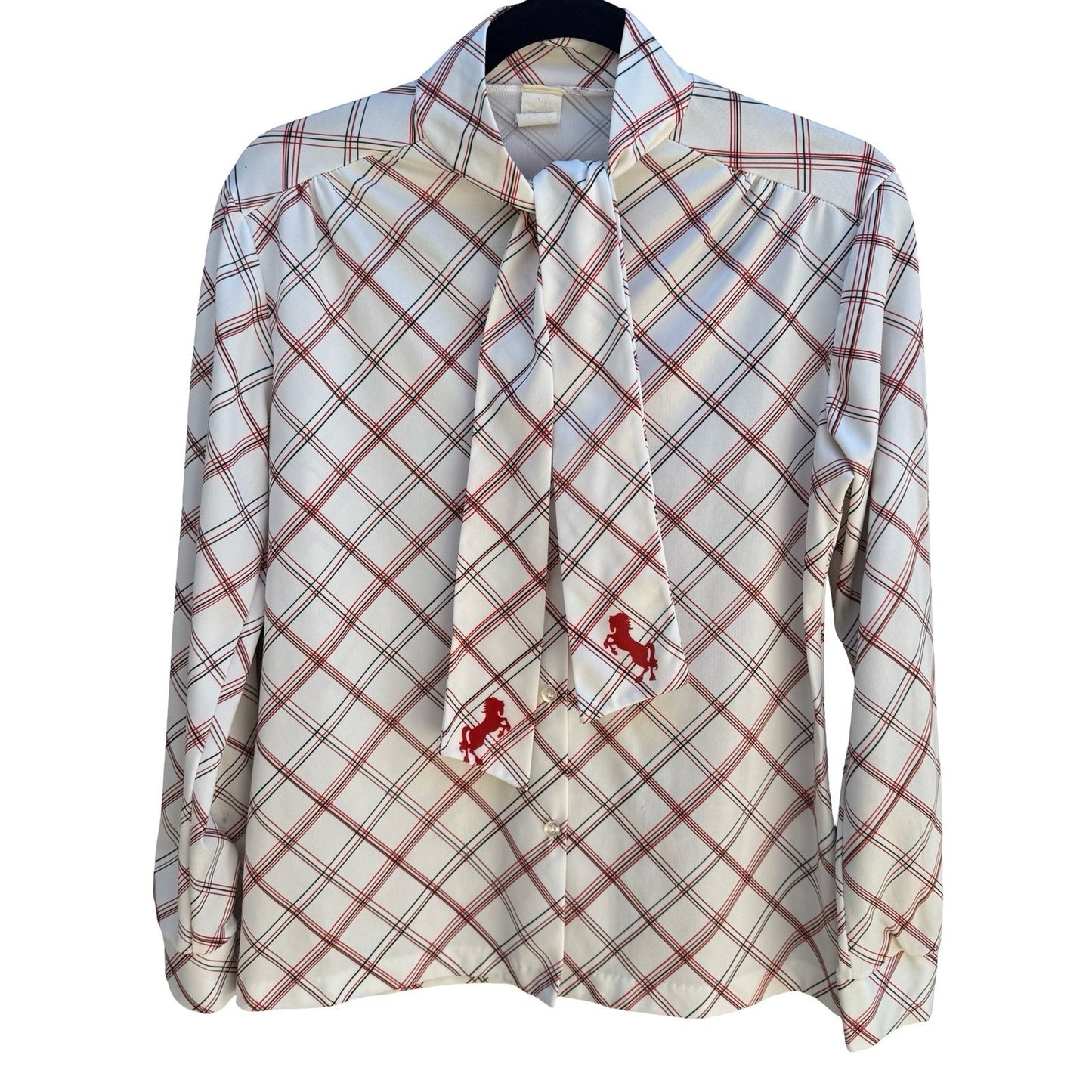 Vintage 70s Bow Tie Neck Blouse Plaid Equestrian Horse Print Americana Retro USA