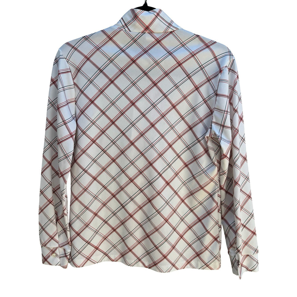 Vintage 70s Bow Tie Neck Blouse Plaid Equestrian Horse Print Americana Retro USA