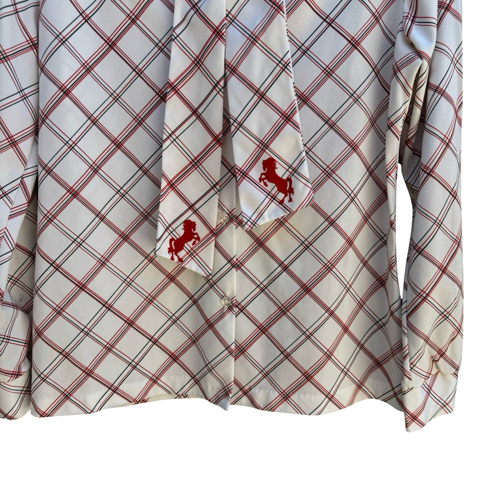 Vintage 70s Bow Tie Neck Blouse Plaid Equestrian Horse Print Americana Retro USA