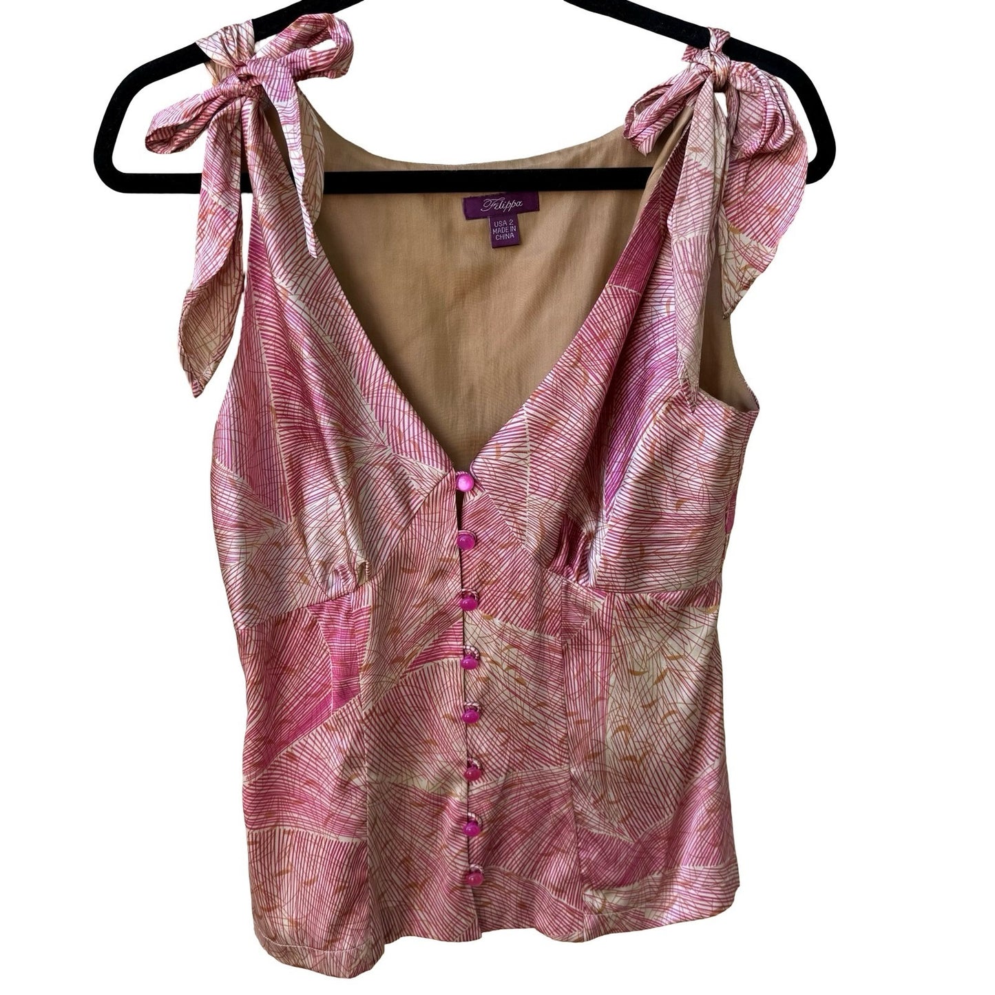 Filippa Y2K Coquette Geometric Silk Blend Tie Shoulder Tailored Bodice Blouse 2