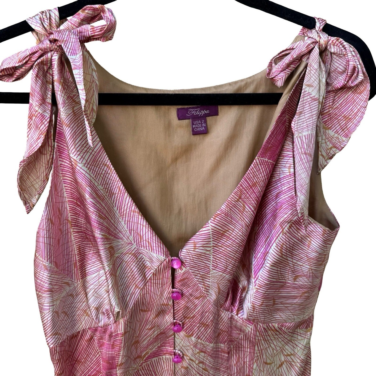 Filippa Y2K Coquette Geometric Silk Blend Tie Shoulder Tailored Bodice Blouse 2