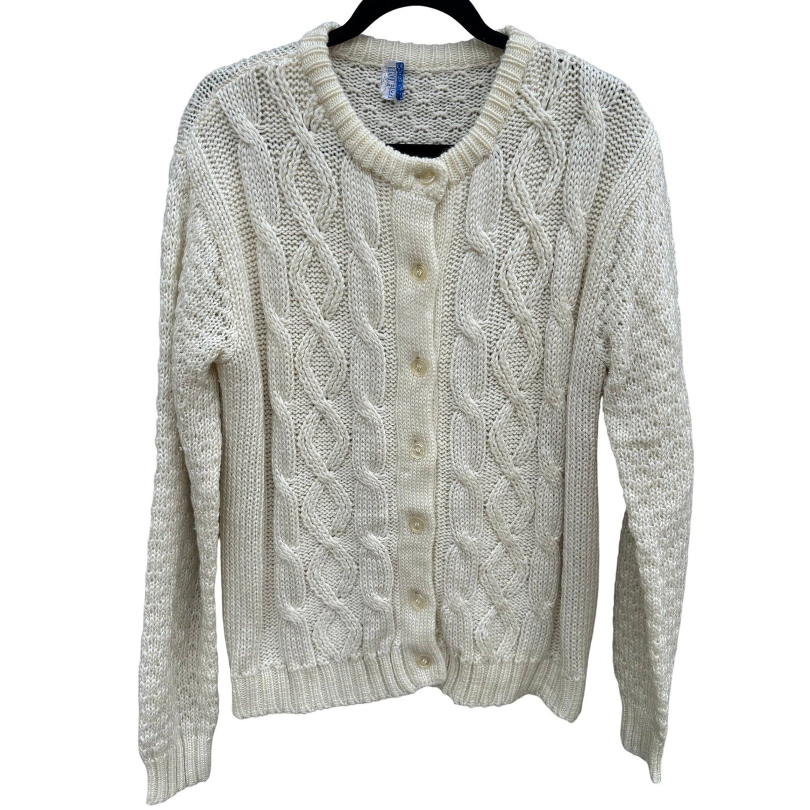 Sears Vintage Cable Knit Cardigan Sweater Cream White Button Down Womens Cottage