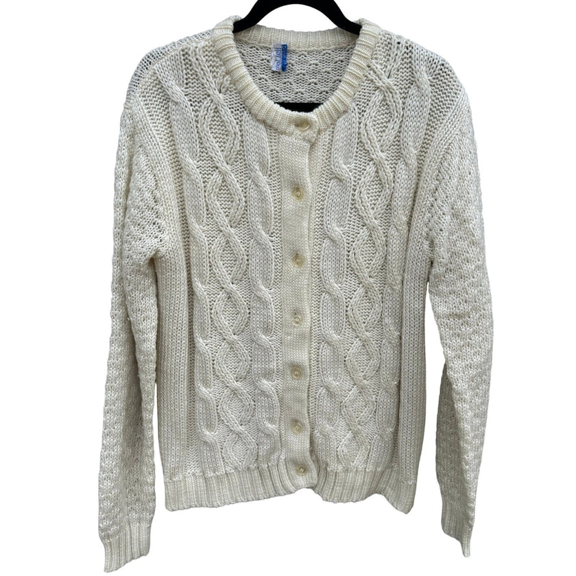 Sears Vintage Cable Knit Cardigan Sweater Cream White Button Down Womens Cottage