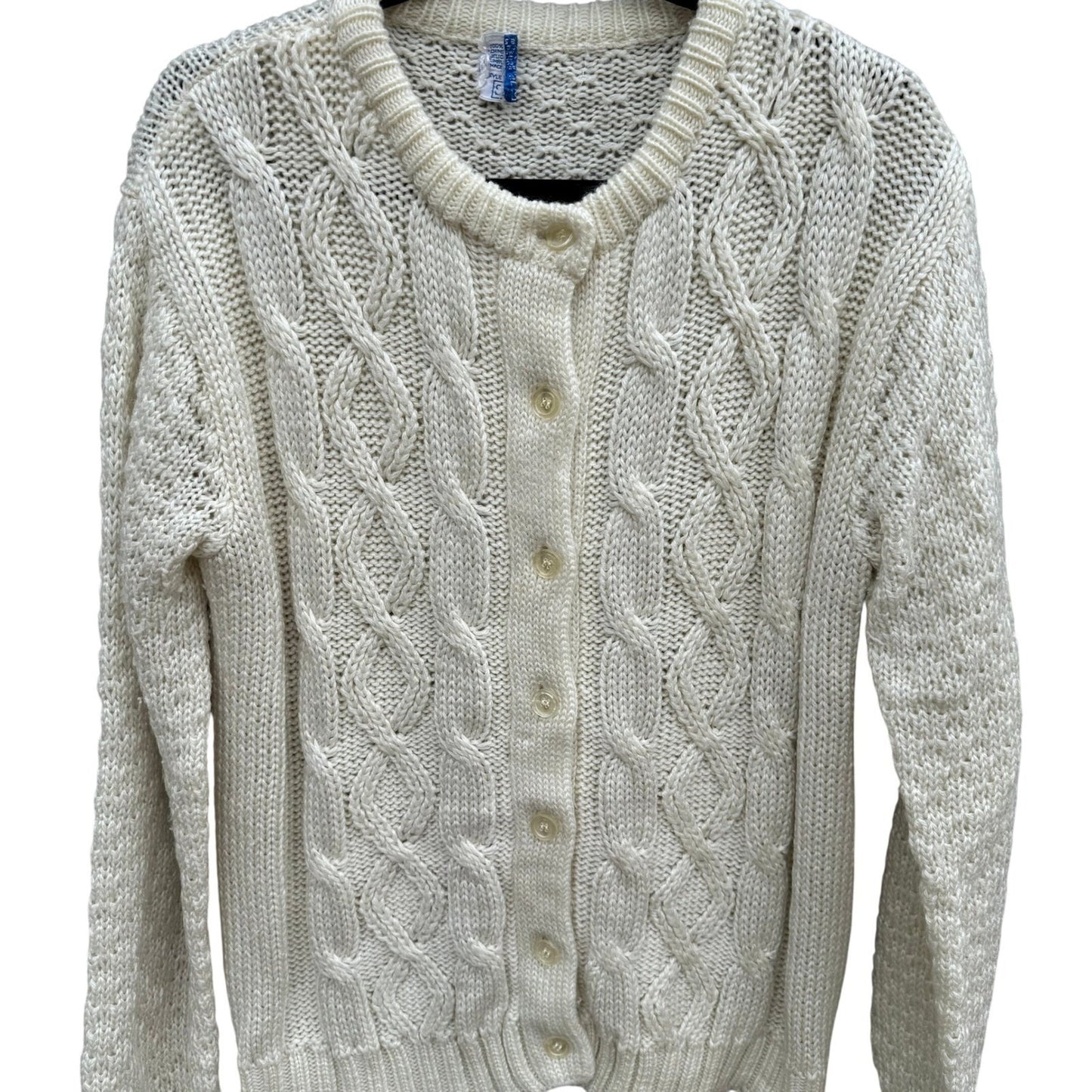 Sears Vintage Cable Knit Cardigan Sweater Cream White Button Down Womens Cottage